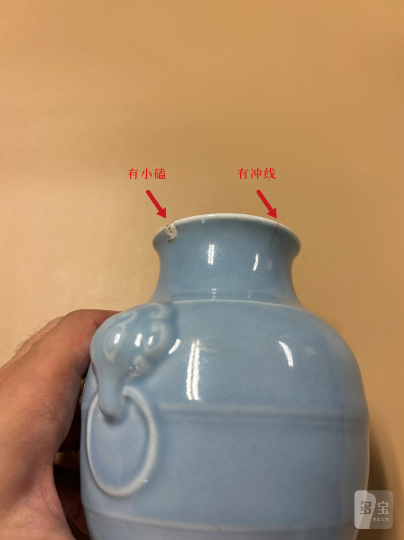清晚期 天蓝釉铺首尊、天蓝釉夔龙纹双耳瓶一组两件 - 图15